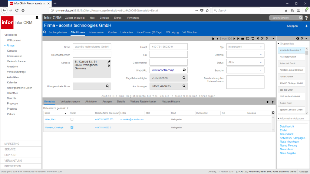 Infor CRM Firmendetailansicht