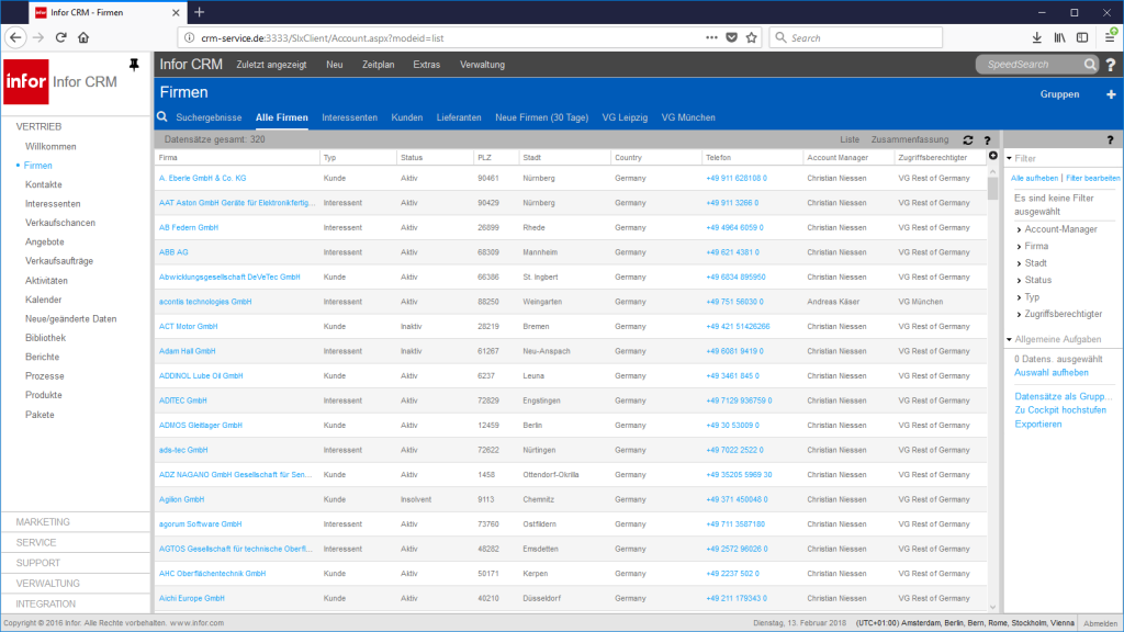 Infor CRM Firmenlistenansicht Screenshot