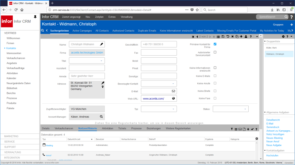 Infor CRM Kontaktdetailansicht Screenshot