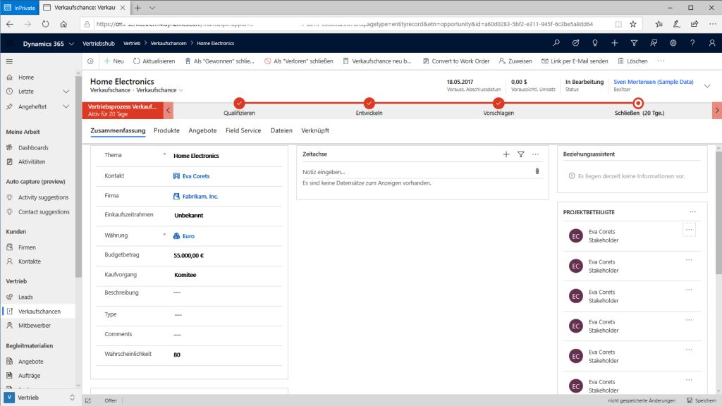 Microsoft Dynamics Verkaufschancen anlegen