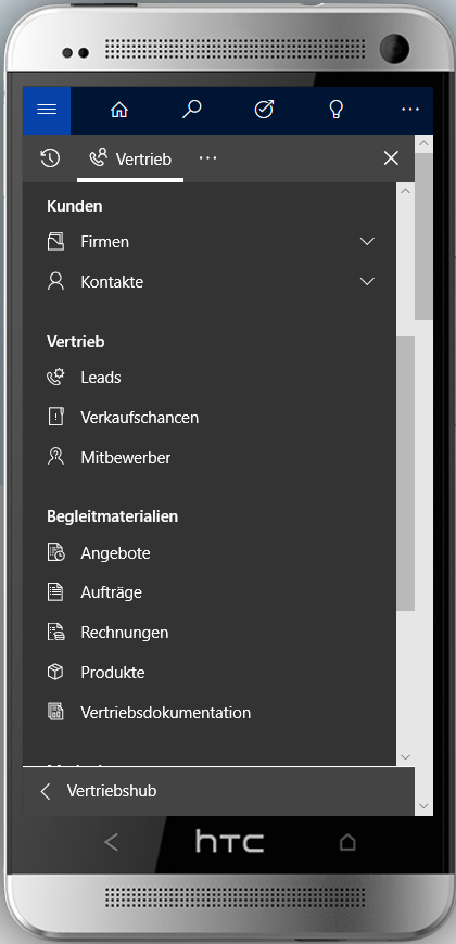 Microsoft Dynamics Mobil Menü